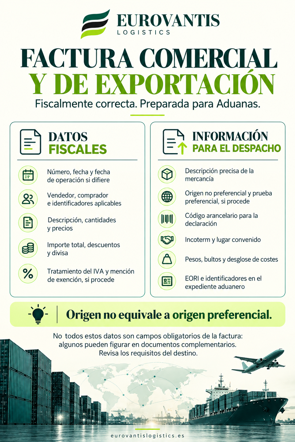 Infografía comparativa: datos fiscales de una factura y la información adicional para el despacho de exportación.